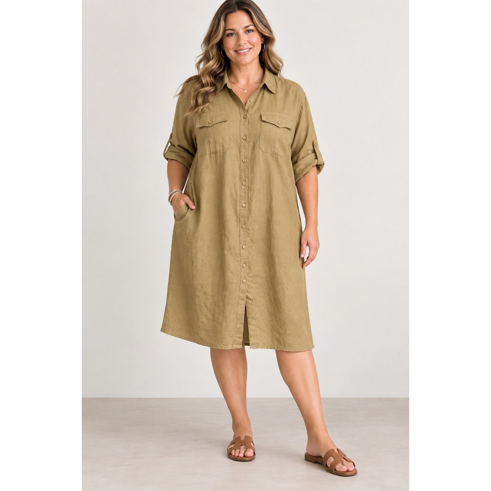 Lauren Ralph Lauren Tan Linen Blend Roll Tab Button Front Shirt Dress 2X